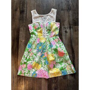 Lilly Pulitzer Raegan Hibiscus Stroll Print Lace Inset Fit & Flare Dress Size 00